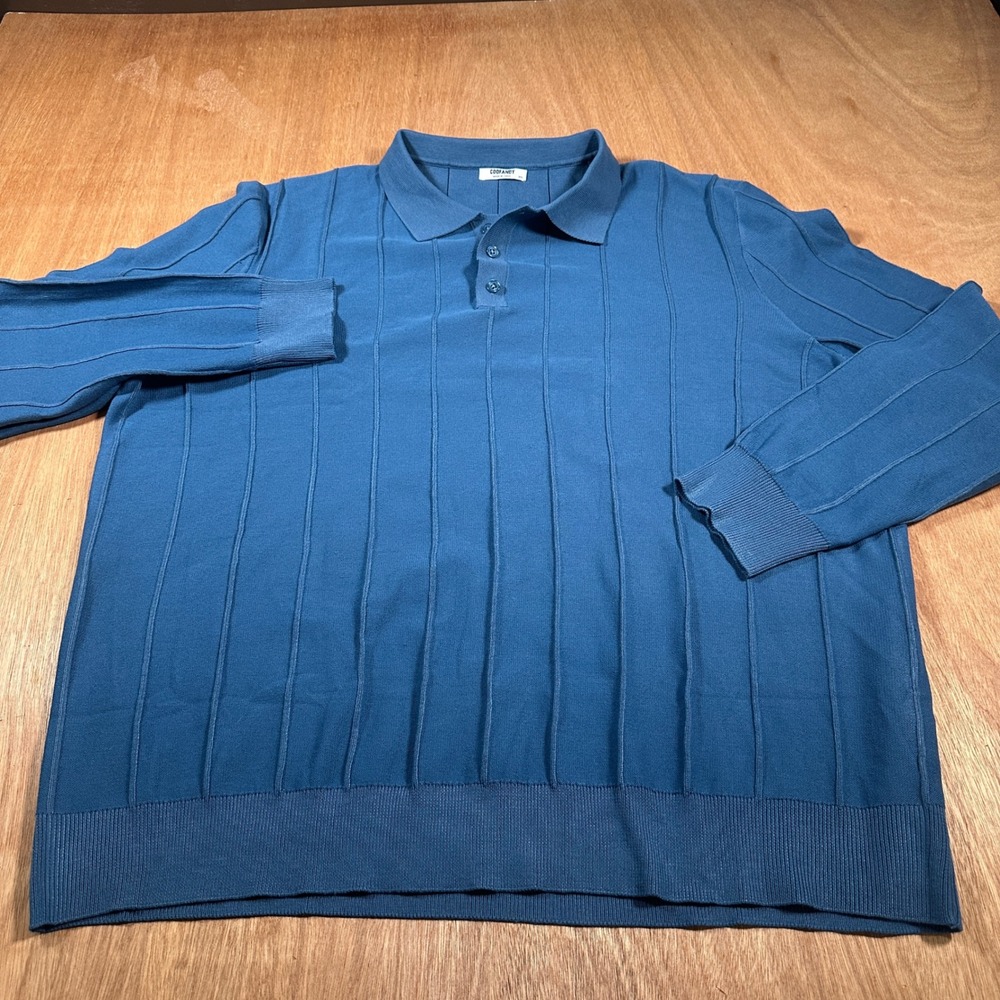 Coofandy Polo Shirt Men 3XL Blue Long Sleeve Ribbed Knit Textured Casual Top